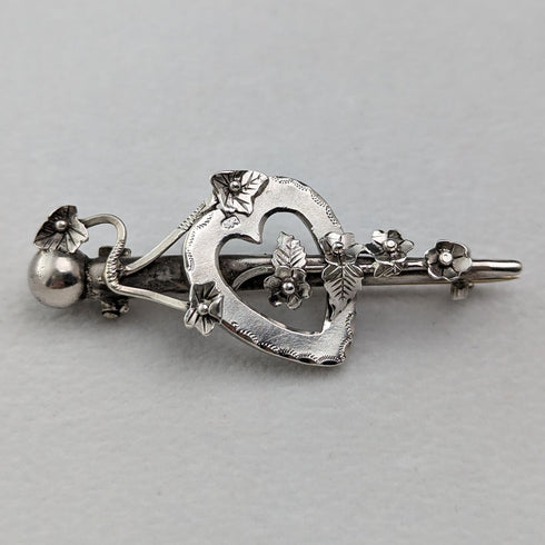 1900 British Antique Sterling Silver Open Heart & Plant Brooch Barker Brothers